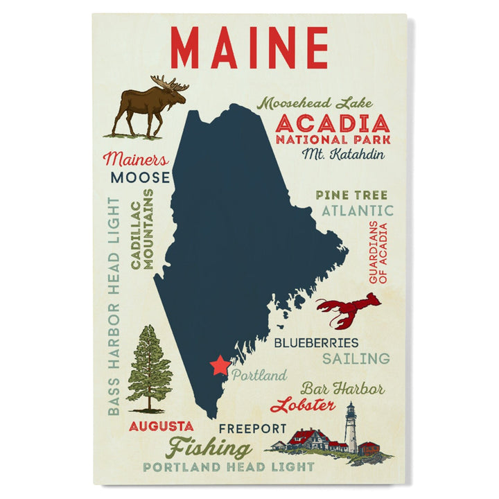 Portland, Maine, Typography & Icons, Lantern Press Artwork, Wood Signs and Postcards Wood Lantern Press