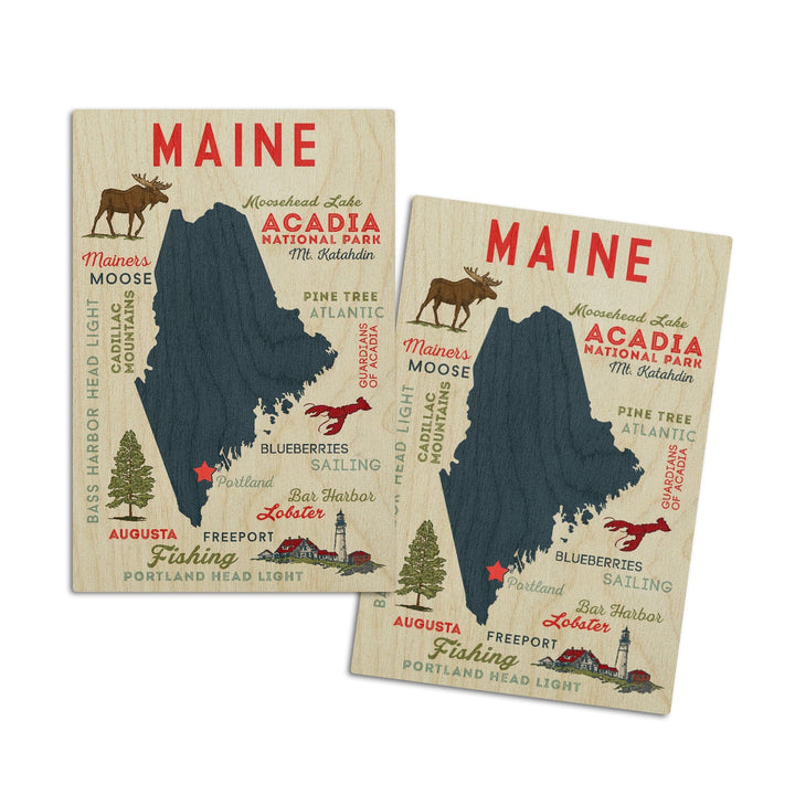 Portland, Maine, Typography & Icons, Lantern Press Artwork, Wood Signs and Postcards Wood Lantern Press 4x6 Wood Postcard Set