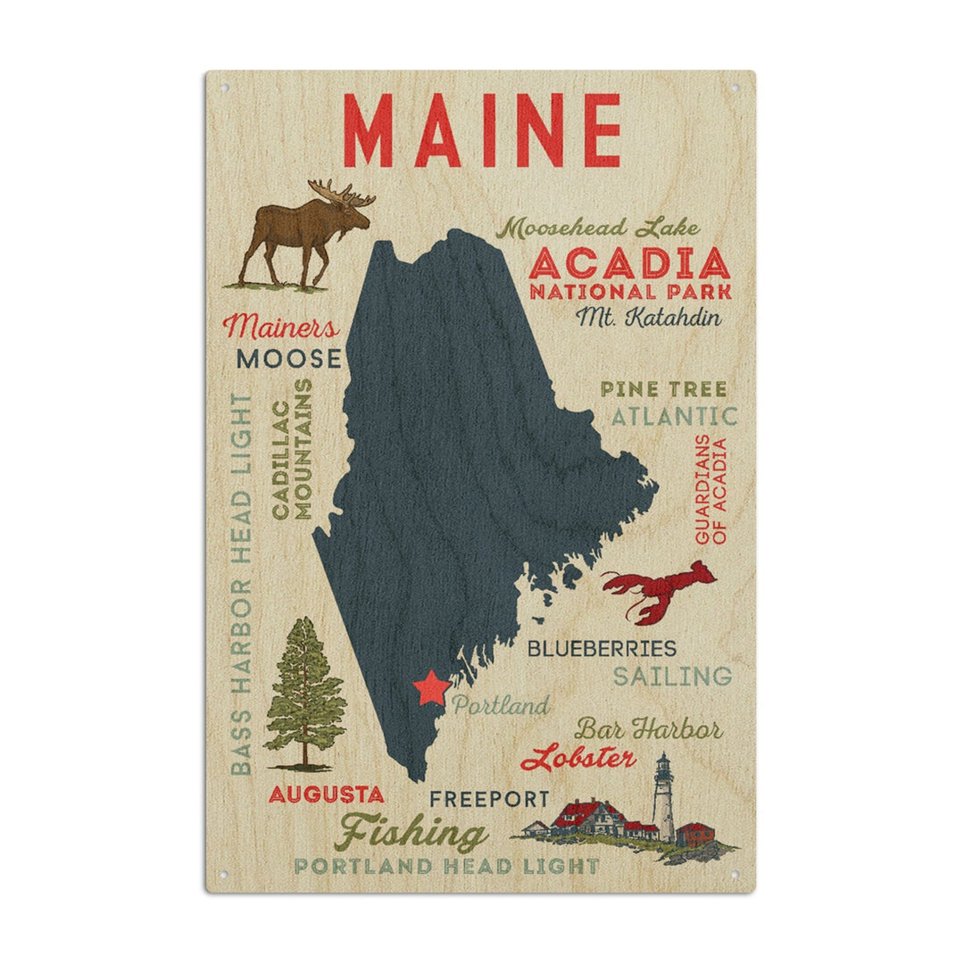 Portland, Maine, Typography & Icons, Lantern Press Artwork, Wood Signs and Postcards Wood Lantern Press 6x9 Wood Sign