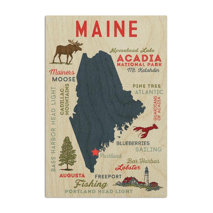 Portland, Maine, Typography & Icons, Lantern Press Artwork, Wood Signs and Postcards Wood Lantern Press 6x9 Wood Sign