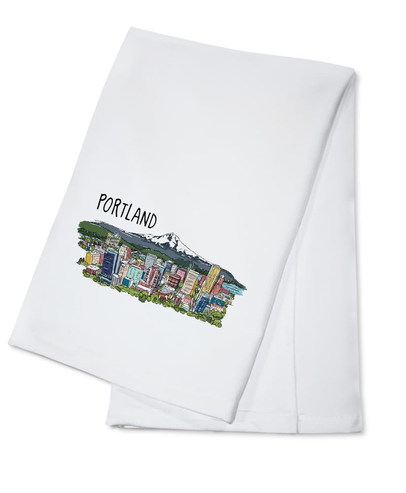 Portland, Oregon, Cityscape, Line Drawing, Lantern Press Artwork, Towels and Aprons Kitchen Lantern Press Cotton Towel