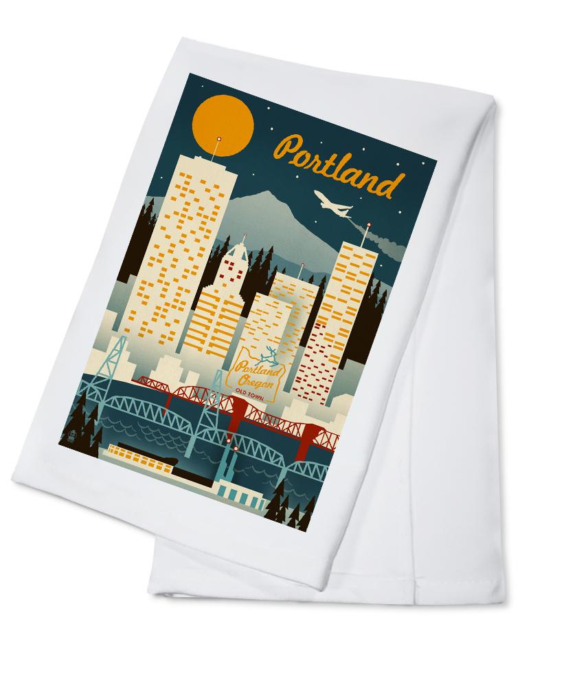 Portland, Oregon, Retro Skyline, Lantern Press Artwork, Towels and Aprons Kitchen Lantern Press Cotton Towel