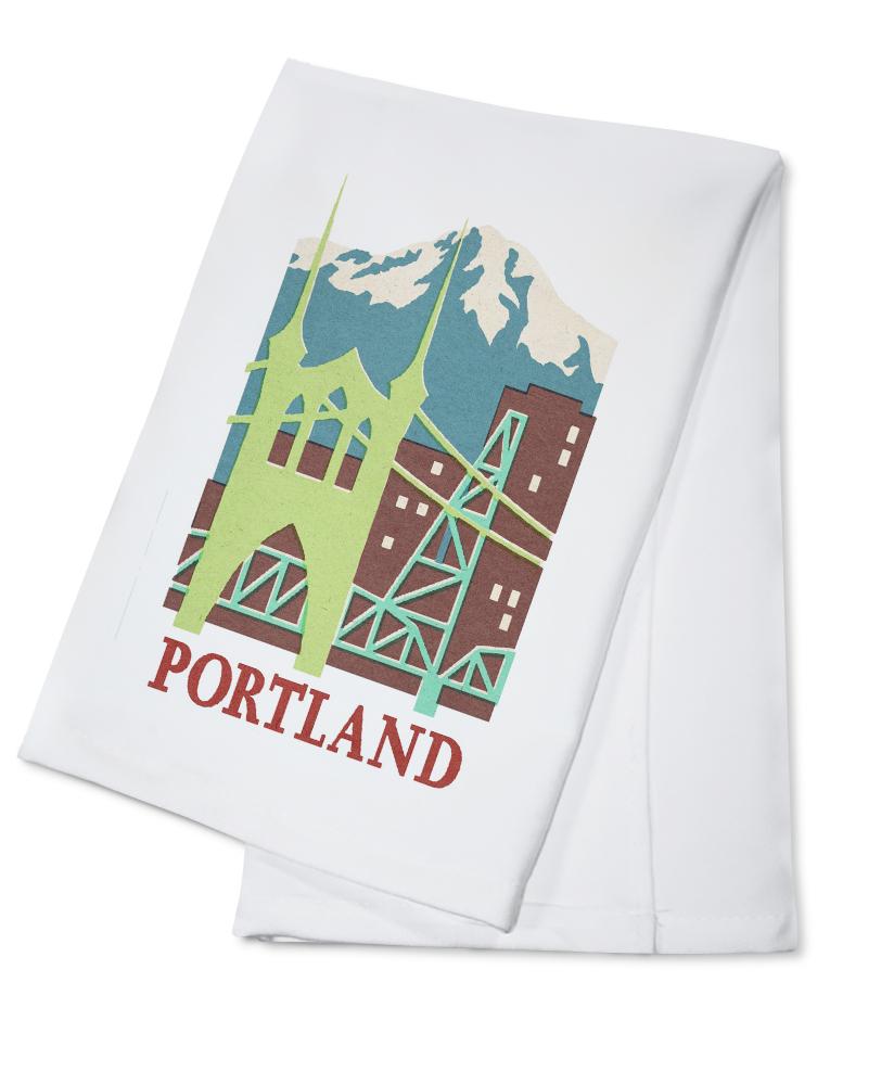 Portland, Oregon, Woodblock, Contour, Lantern Press Artwork, Towels and Aprons Kitchen Lantern Press Cotton Towel