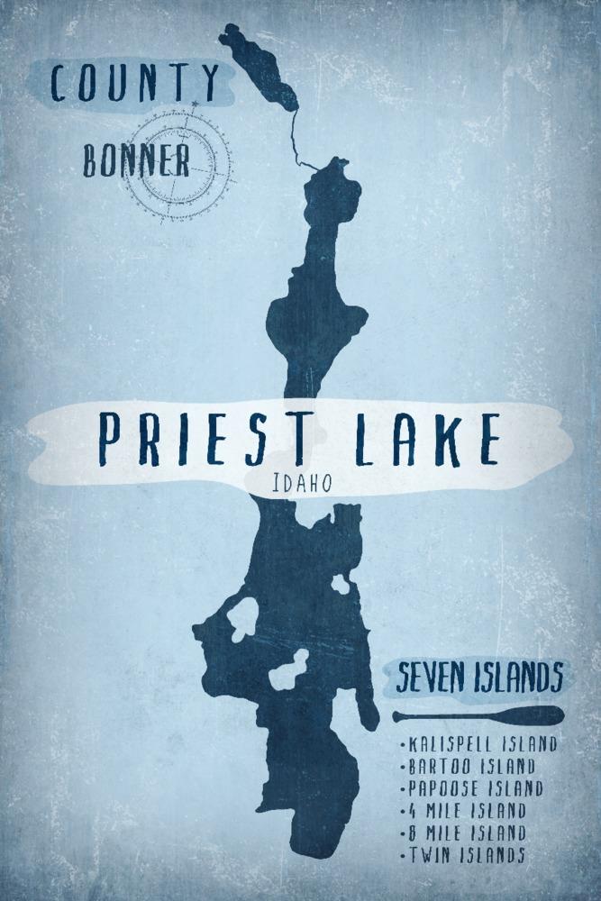 Priest Lake, Idaho, Lake Essentials, Shape, Acreage & County, Lantern Press Artwork, Art Prints and Metal Signs Art Lantern Press 12 x 18 Art Print