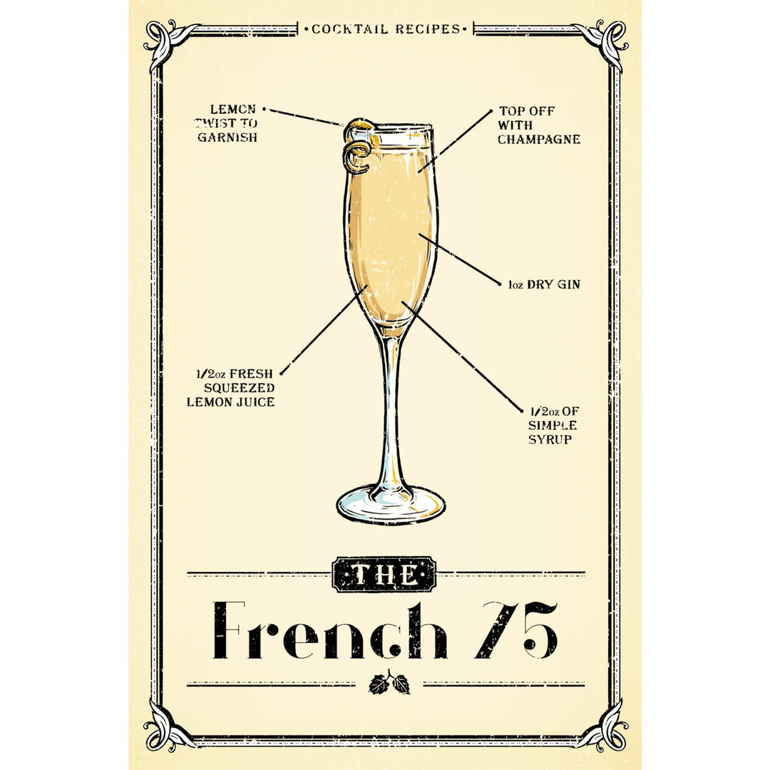Prohibition, Cocktail Recipe, French 75, Lantern Press Artwork, Stretched Canvas Canvas Lantern Press