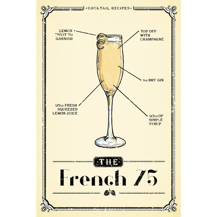 Prohibition, Cocktail Recipe, French 75, Lantern Press Artwork, Stretched Canvas Canvas Lantern Press