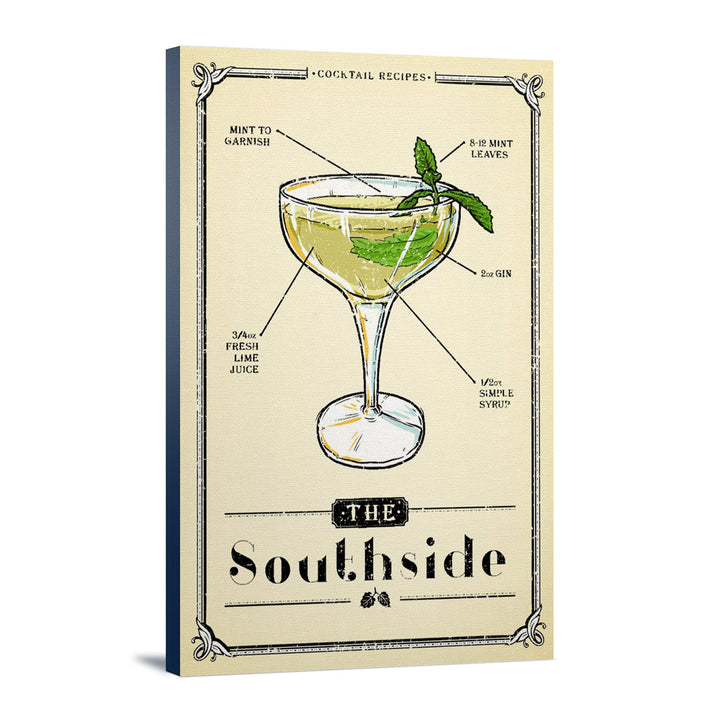 Prohibition, Cocktail Recipe, Southside, Lantern Press Artwork, Stretched Canvas Canvas Lantern Press 12x18 Stretched Canvas