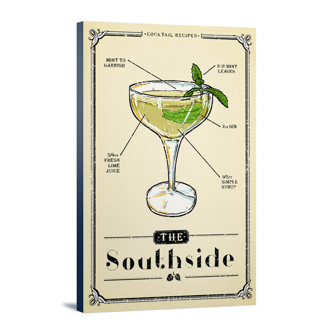 Prohibition, Cocktail Recipe, Southside, Lantern Press Artwork, Stretched Canvas Canvas Lantern Press 16x24 Stretched Canvas