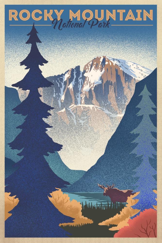 Rocky Mountain National Park, Colorado, Moose & Lake, Lithograph, Lantern Press Artwork, Art Prints and Metal Signs Art Lantern Press 12 x 18 Art Print