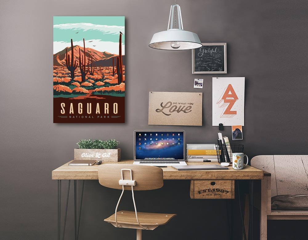 Saguaro National Park, Desert Scene with Cactus, Lantern Press Artwork, Stretched Canvas Canvas Lantern Press