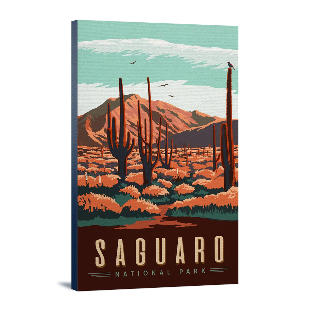 Saguaro National Park, Desert Scene with Cactus, Lantern Press Artwork, Stretched Canvas Canvas Lantern Press 24x36 Stretched Canvas