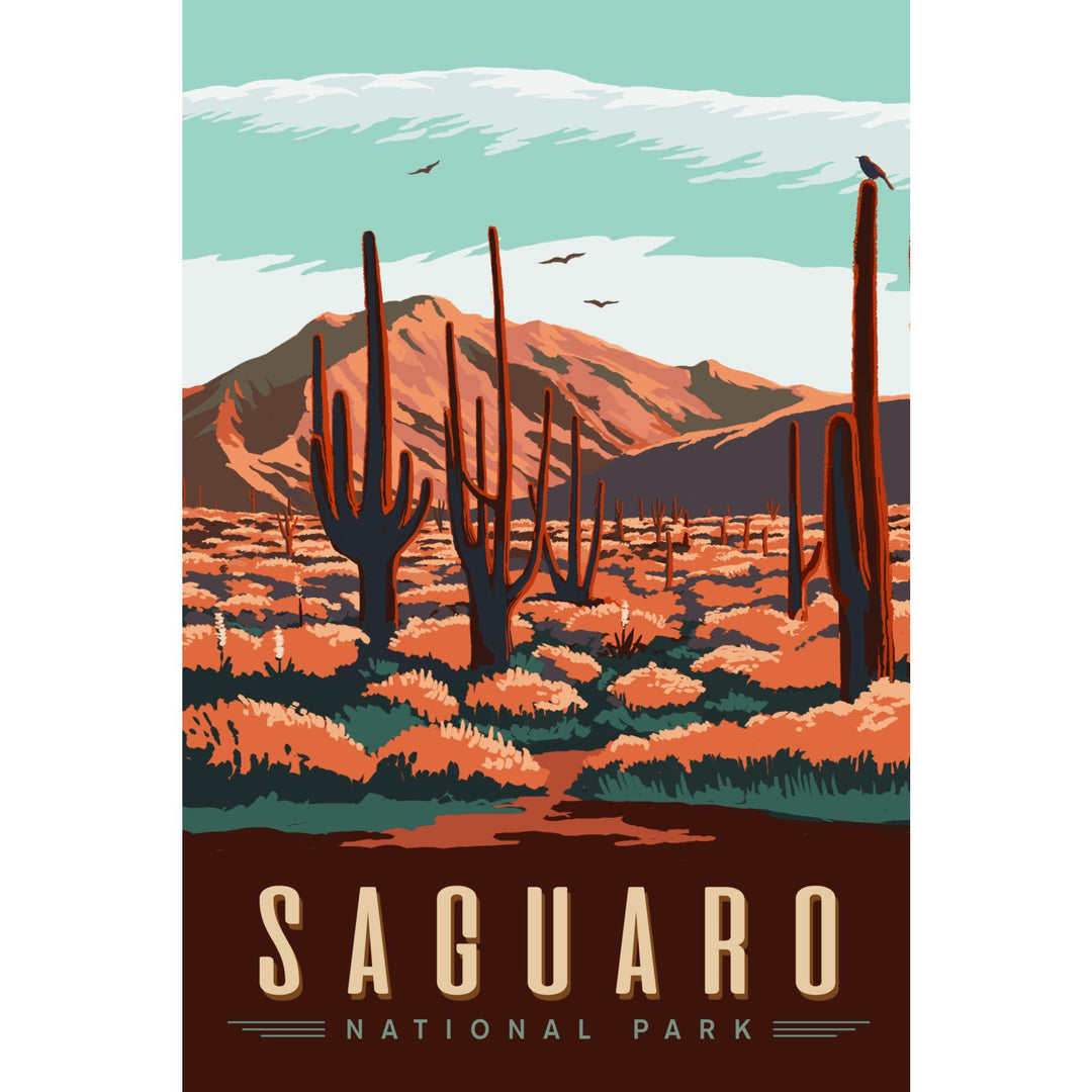 Saguaro National Park, Desert Scene with Cactus, Lantern Press Artwork, Stretched Canvas Canvas Lantern Press