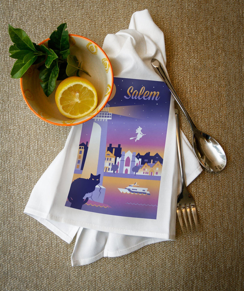 Salem, Massachusetts, Retro Skyline Chromatic Series, Lantern Press Artwork, Towels and Aprons Kitchen Lantern Press