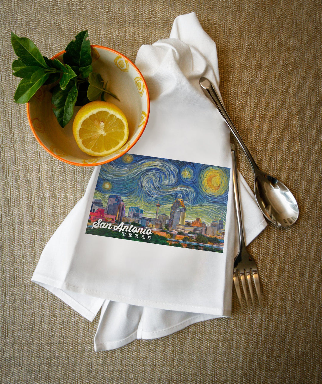 San Antonio, Texas, Starry Night City Series, Lantern Press Artwork, Towels and Aprons Kitchen Lantern Press