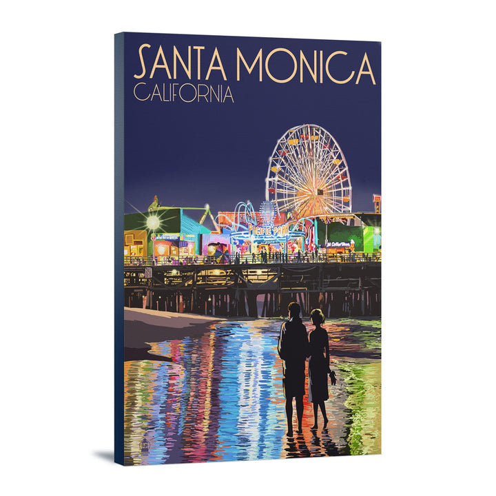 Santa Monica, California, Pier at Night, Lantern Press Artwork, Stretched Canvas Canvas Lantern Press 16x24 Stretched Canvas