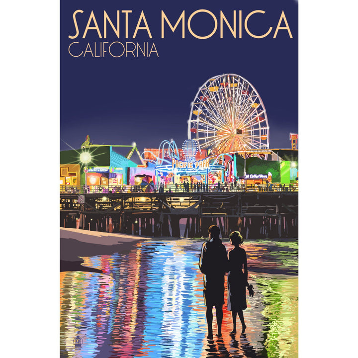 Santa Monica, California, Pier at Night, Lantern Press Artwork, Stretched Canvas Canvas Lantern Press
