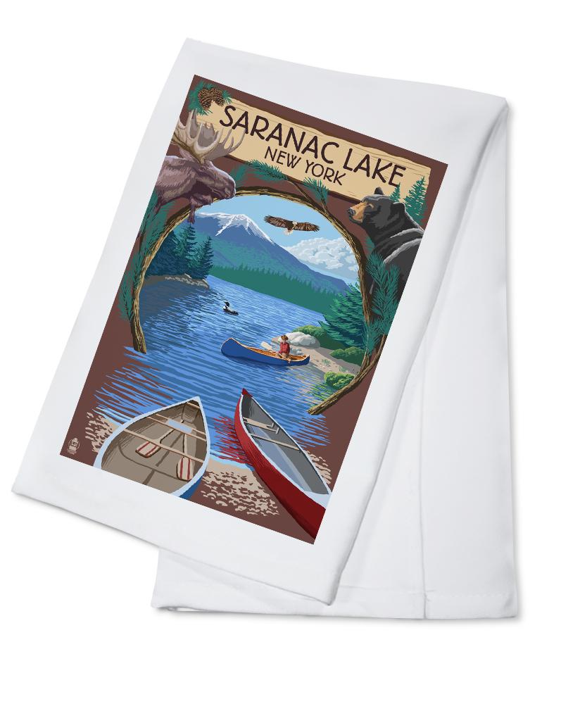 Saranac Lake, New York, Adirondacks Canoe Scene, Lantern Press Artwork, Towels and Aprons Kitchen Lantern Press Cotton Towel
