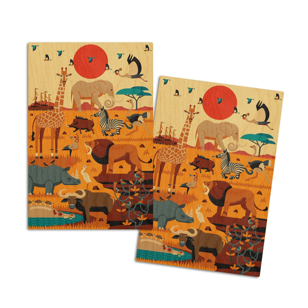 Savanna Animals, Textured Geometric, Lantern Press Artwork, Wood Signs and Postcards Wood Lantern Press 4x6 Wood Postcard Set
