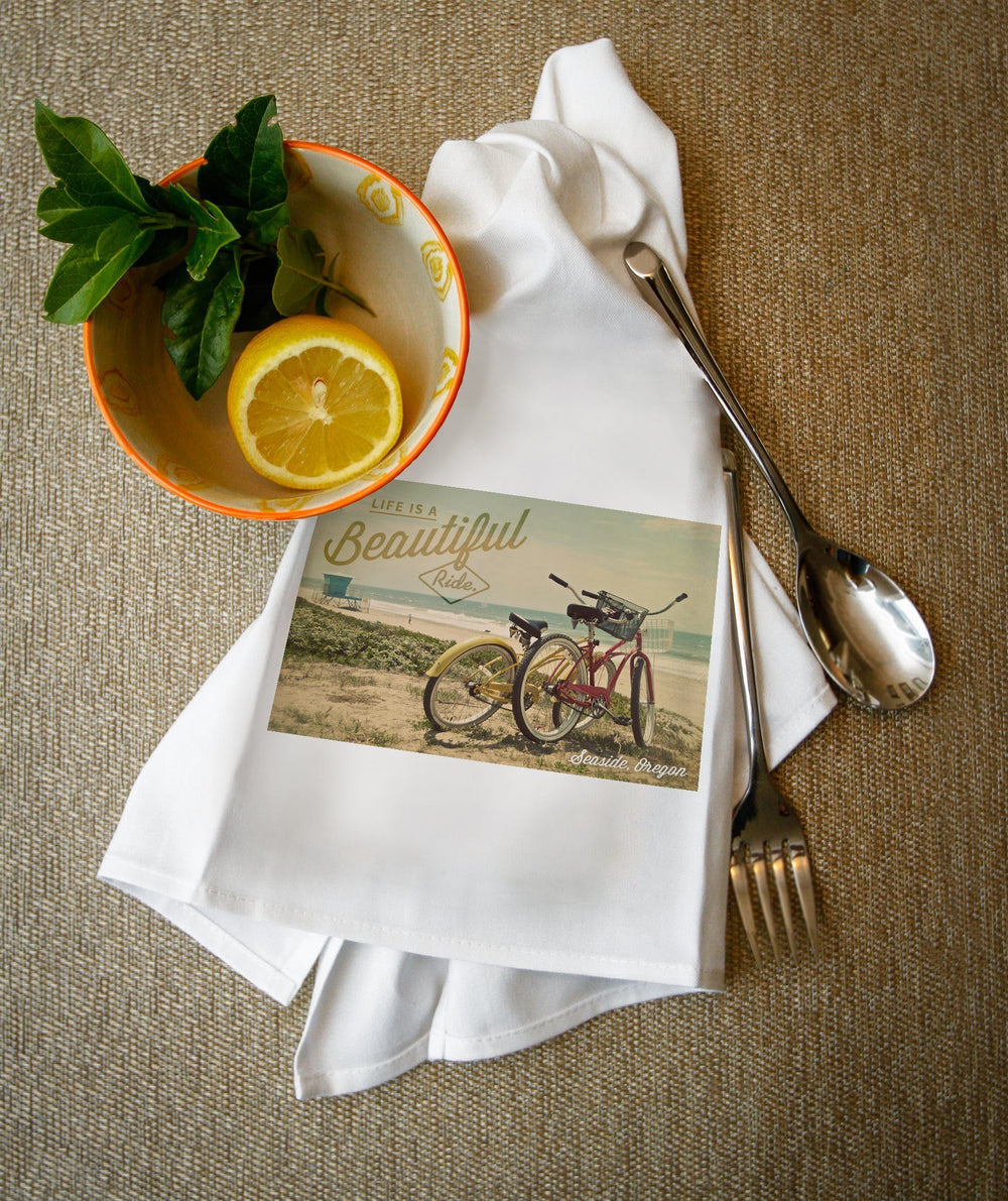 Seaside, Oregon, Life is a Beautiful Ride, Bicycles & Beach Scene, Photograph, Towels and Aprons Kitchen Lantern Press