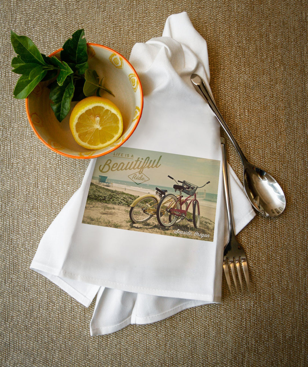 Seaside, Oregon, Life is a Beautiful Ride, Bicycles & Beach Scene, Photograph, Towels and Aprons Kitchen Lantern Press