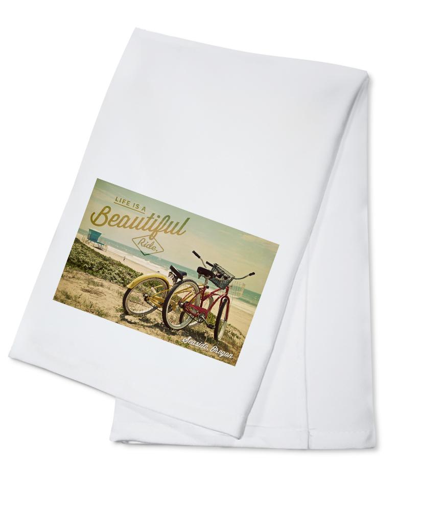 Seaside, Oregon, Life is a Beautiful Ride, Bicycles & Beach Scene, Photograph, Towels and Aprons Kitchen Lantern Press Cotton Towel
