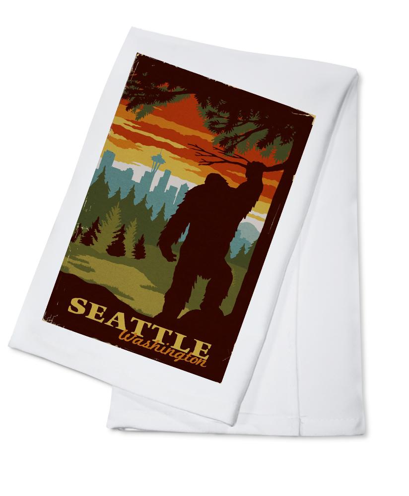 Seattle Skyline, Bigfoot, WPA Style, Lantern Press Artwork, Towels and Aprons Kitchen Lantern Press Cotton Towel