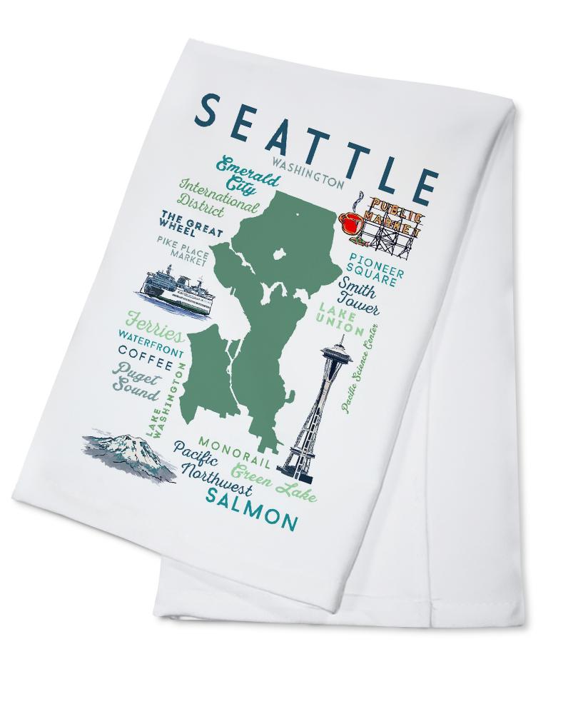 Seattle, Washington, Typography & Icons, Lantern Press Artwork, Towels and Aprons Kitchen Lantern Press Cotton Towel
