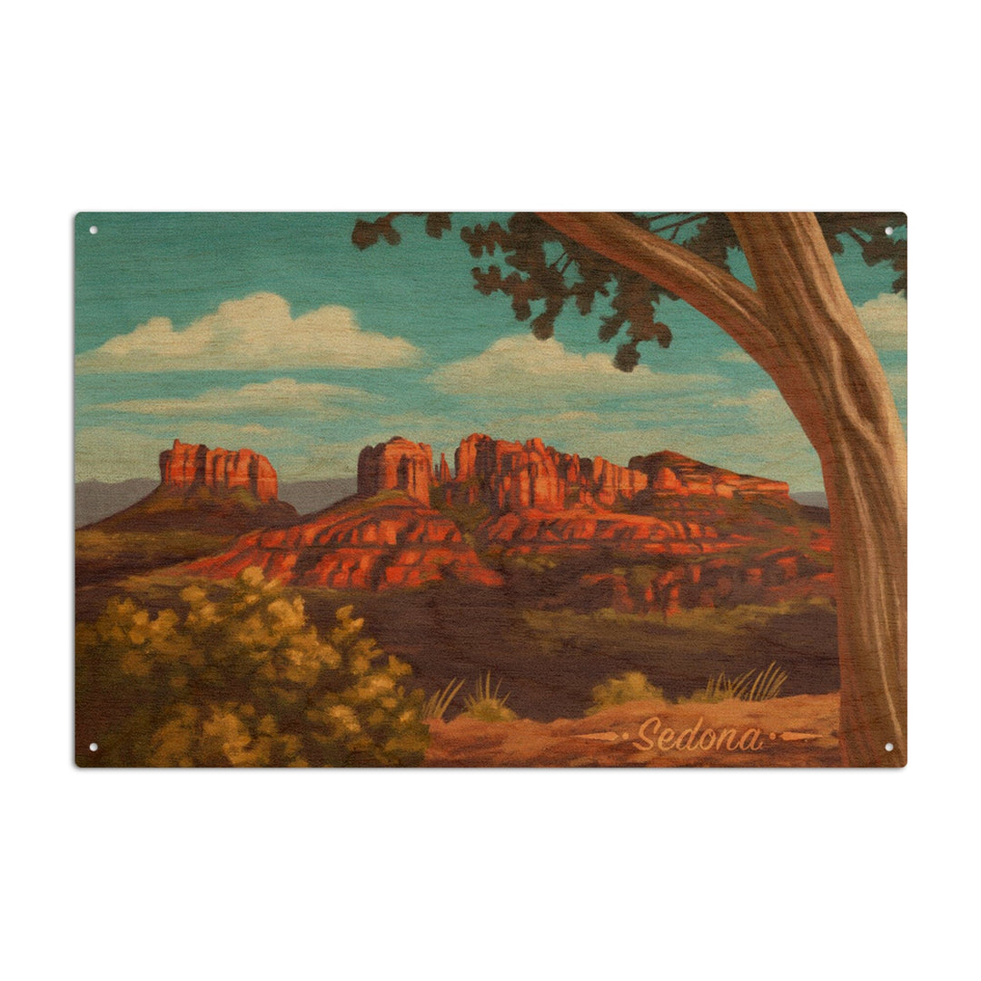 Sedona, Arizona, Canyon with Clouds Oil Painting, Lantern Press Artwork, Wood Signs and Postcards Wood Lantern Press 6x9 Wood Sign