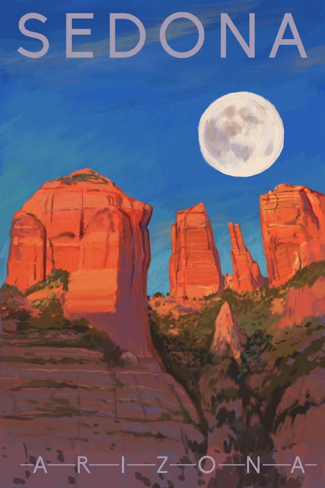 Sedona, Arizona, Cathedral Rock, Moon, Oil Painting, Lantern Press Artwork, Art Prints and Metal Signs Art Lantern Press 12 x 18 Art Print