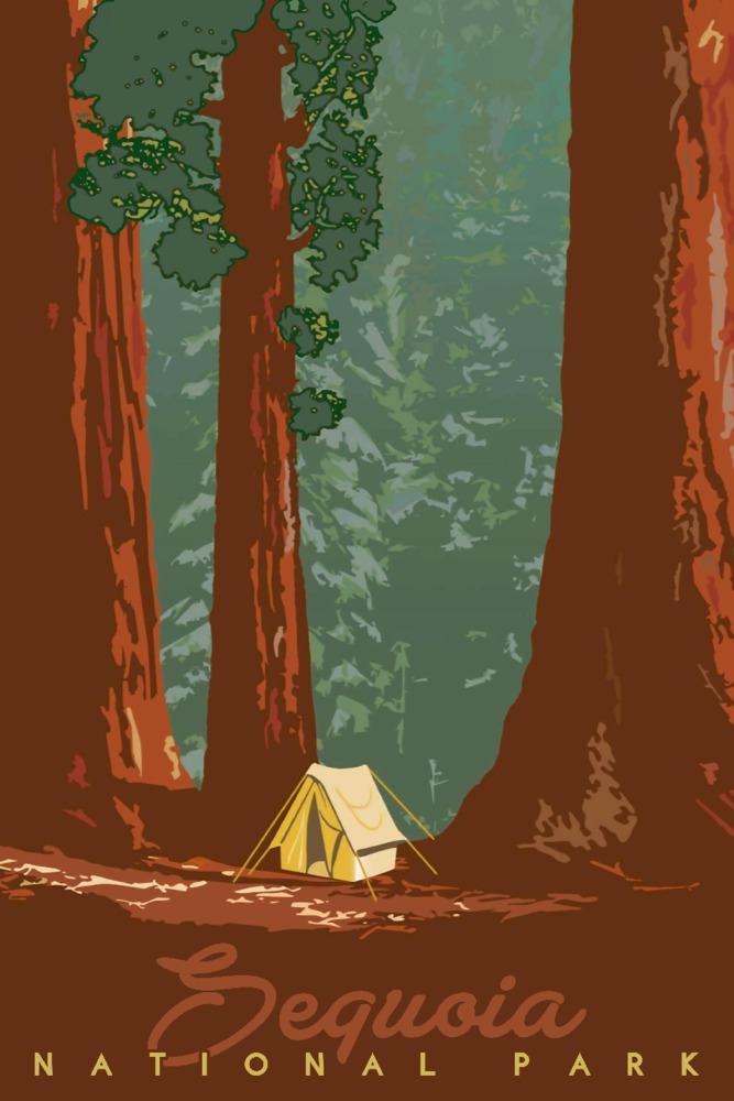 Sequoia National Park, California, Redwood Forest View, Sequoias & Tent, Lantern Press Artwork, Art Prints and Metal Signs Art Lantern Press 12 x 18 Art Print