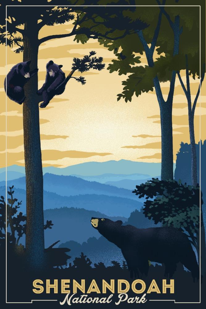 Shenandoah National Park, Black Bears, Lithograph, Lantern Press Artwork, Art Prints and Metal Signs Art Lantern Press 12 x 18 Art Print