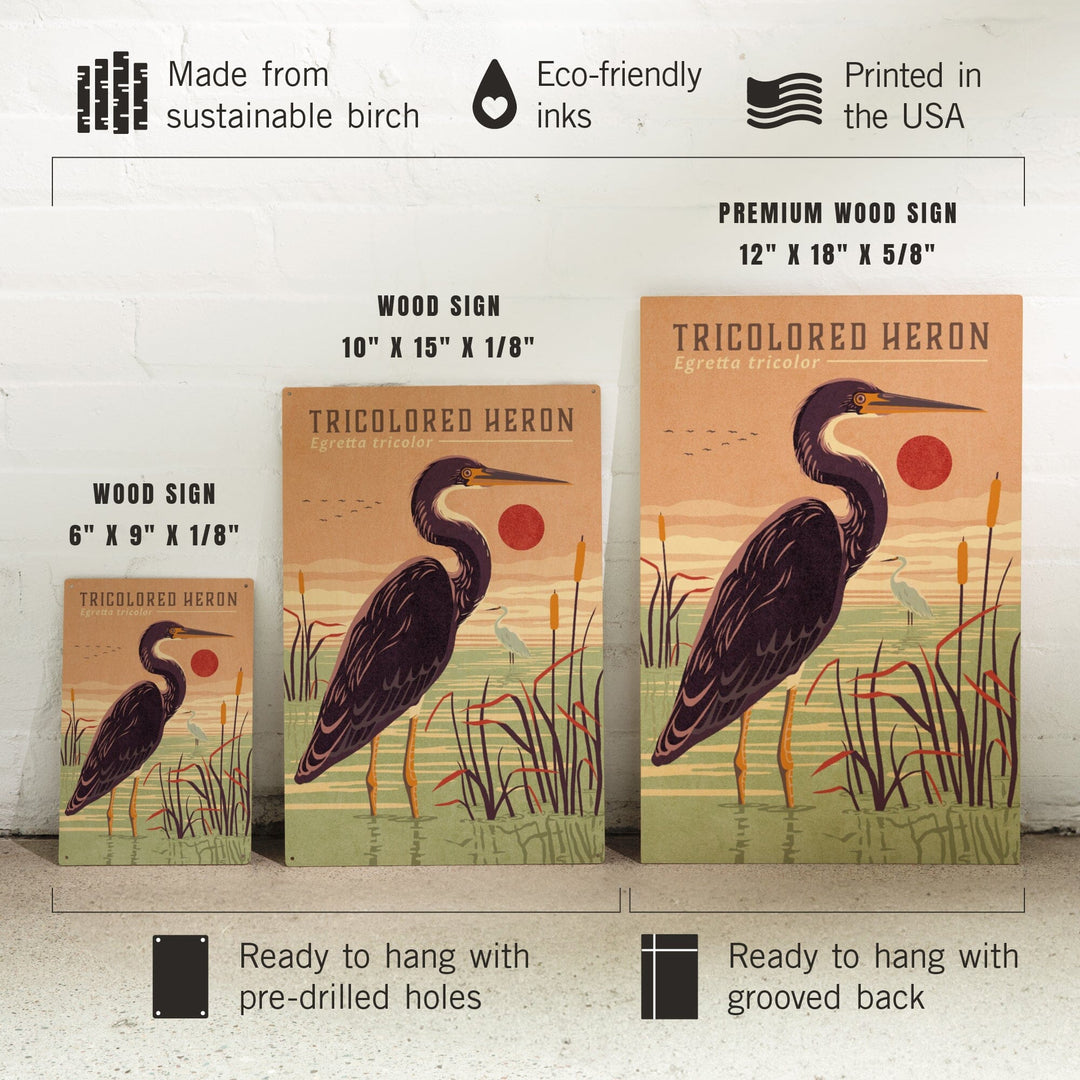 Shorebirds at Sunset Collection, Tricolored Heron, Bird, Wood Signs and Postcards Wood Lantern Press