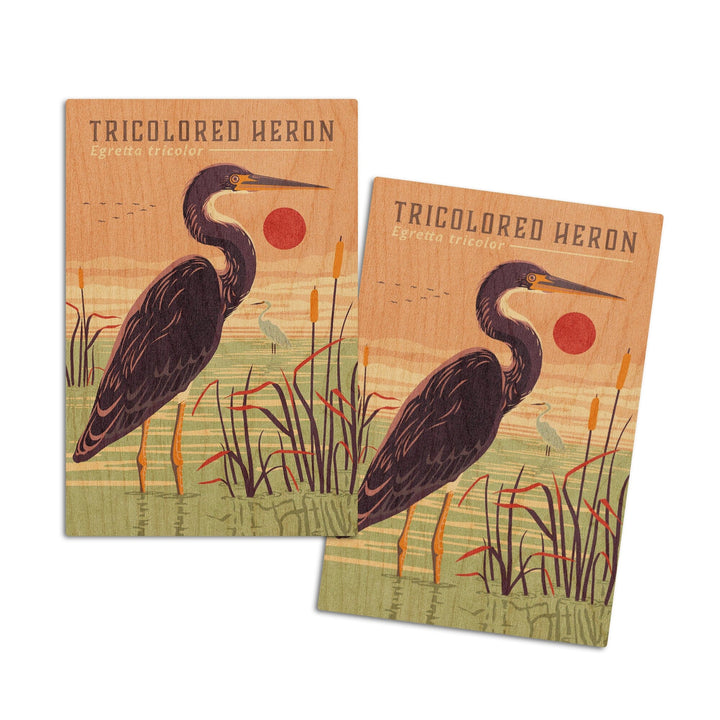 Shorebirds at Sunset Collection, Tricolored Heron, Bird, Wood Signs and Postcards Wood Lantern Press 4x6 Wood Postcard Set