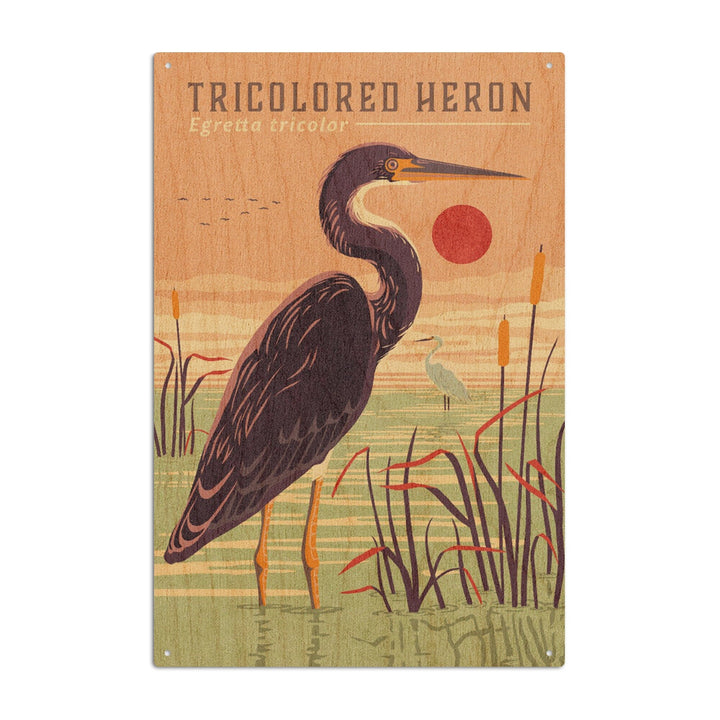 Shorebirds at Sunset Collection, Tricolored Heron, Bird, Wood Signs and Postcards Wood Lantern Press 6x9 Wood Sign