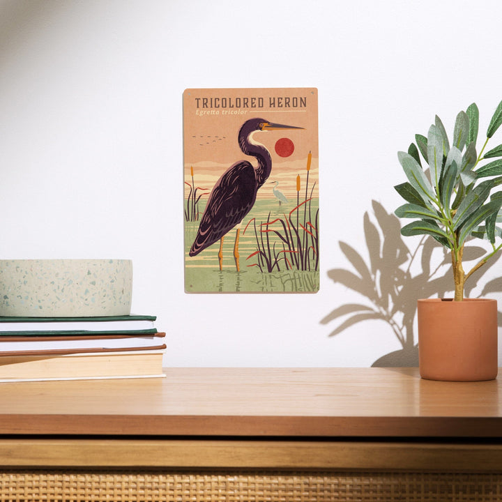 Shorebirds at Sunset Collection, Tricolored Heron, Bird, Wood Signs and Postcards Wood Lantern Press