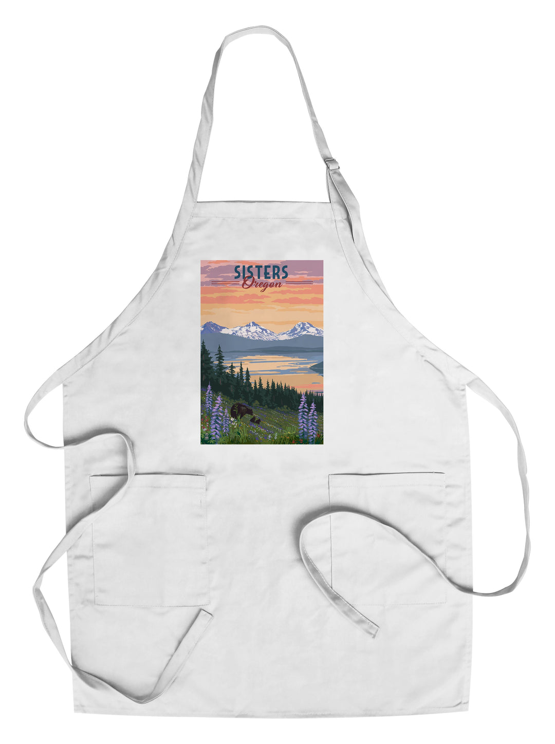 Sisters, Oregon, Bear & Spring Flowers, Lantern Press Artwork, Towels and Aprons Kitchen Lantern Press Chef's Apron