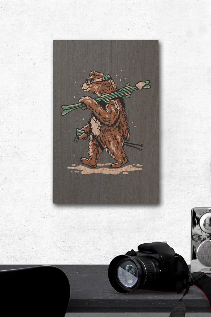 Ski Bear, Distressed Vector, Lantern Press Artwork, Wood Signs and Postcards Wood Lantern Press