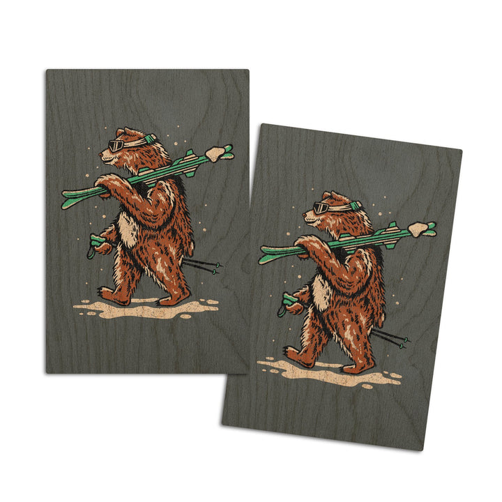 Ski Bear, Distressed Vector, Lantern Press Artwork, Wood Signs and Postcards Wood Lantern Press 4x6 Wood Postcard Set