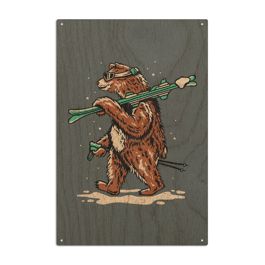 Ski Bear, Distressed Vector, Lantern Press Artwork, Wood Signs and Postcards Wood Lantern Press