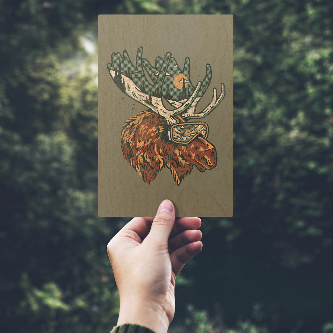Ski Moose, Distressed Vector, Lantern Press Artwork, Wood Signs and Postcards Wood Lantern Press