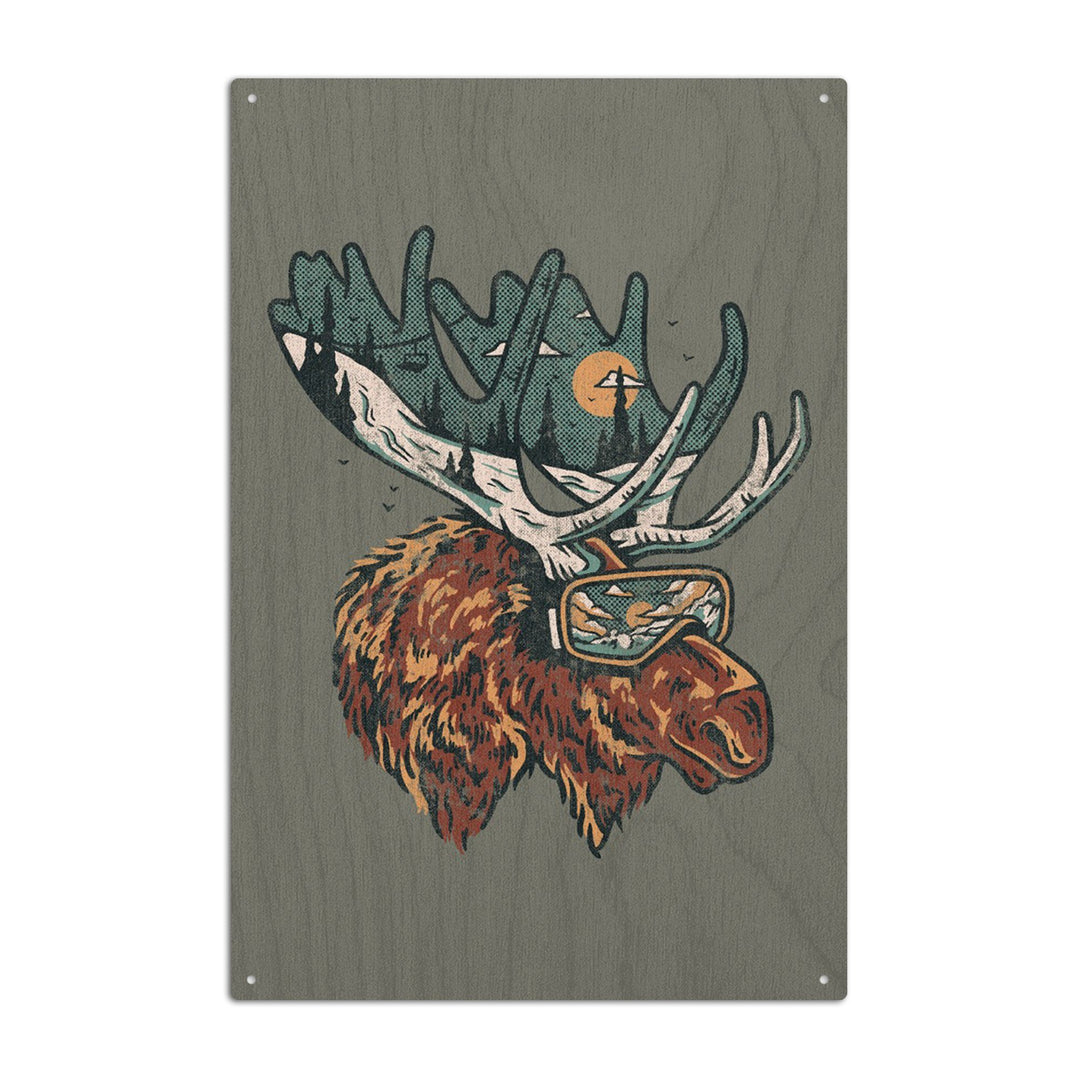 Ski Moose, Distressed Vector, Lantern Press Artwork, Wood Signs and Postcards Wood Lantern Press