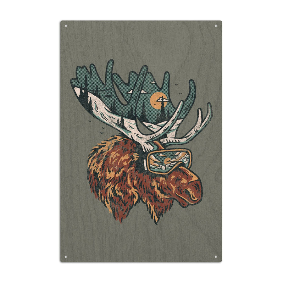 Ski Moose, Distressed Vector, Lantern Press Artwork, Wood Signs and Postcards Wood Lantern Press