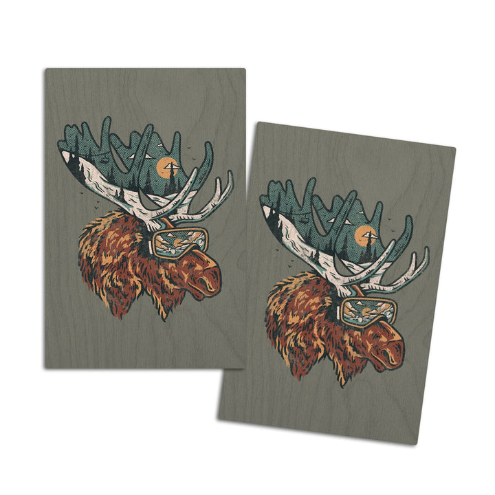 Ski Moose, Distressed Vector, Lantern Press Artwork, Wood Signs and Postcards Wood Lantern Press