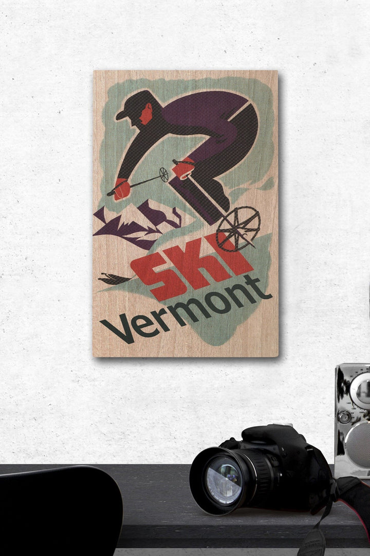 Ski Vermont, Retro Skier, Lantern Press Artwork, Wood Signs and Postcards Wood Lantern Press 12 x 18 Wood Gallery Print
