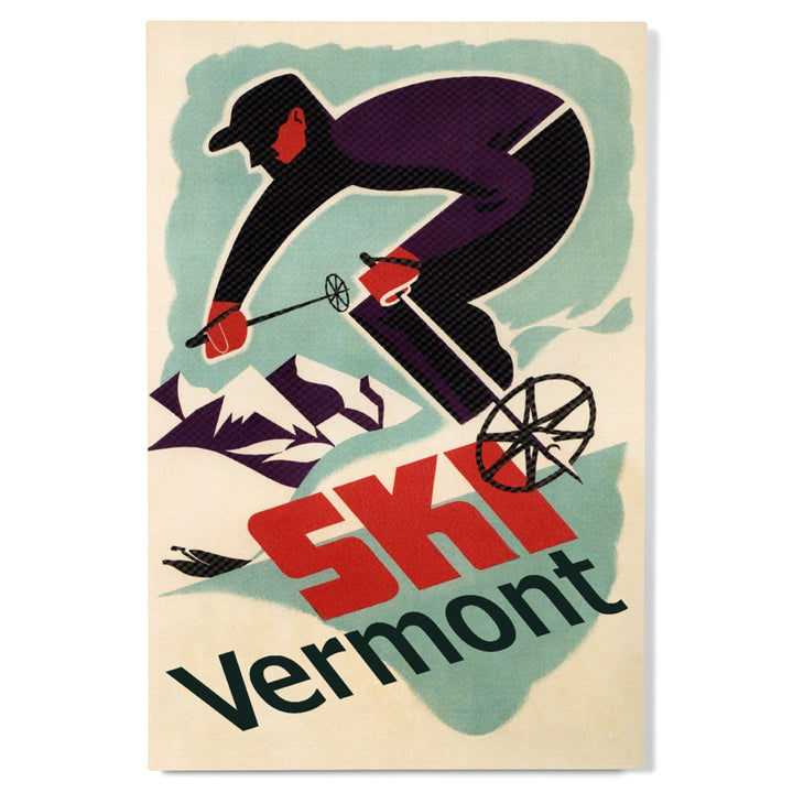 Ski Vermont, Retro Skier, Lantern Press Artwork, Wood Signs and Postcards Wood Lantern Press