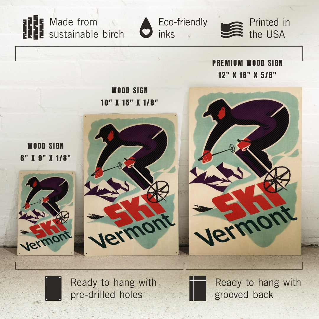 Ski Vermont, Retro Skier, Lantern Press Artwork, Wood Signs and Postcards Wood Lantern Press