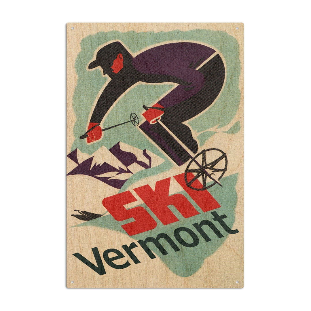 Ski Vermont, Retro Skier, Lantern Press Artwork, Wood Signs and Postcards Wood Lantern Press 6x9 Wood Sign