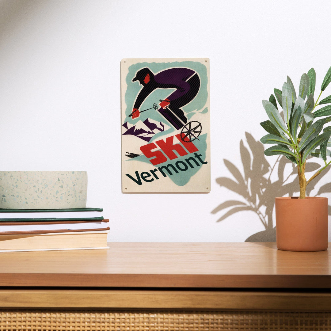 Ski Vermont, Retro Skier, Lantern Press Artwork, Wood Signs and Postcards Wood Lantern Press