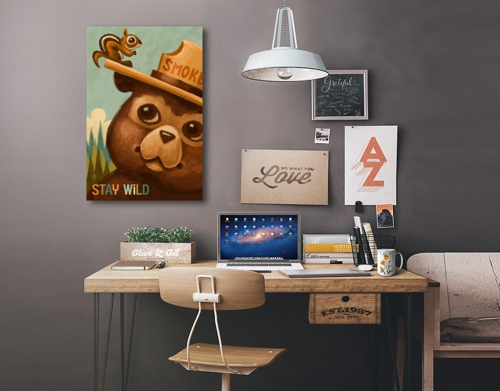 Stay Wild, Smokey Bear and Squirrel, Lantern Press Artwork, Stretched Canvas Canvas Lantern Press