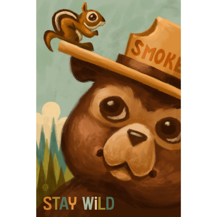 Stay Wild, Smokey Bear and Squirrel, Lantern Press Artwork, Stretched Canvas Canvas Lantern Press